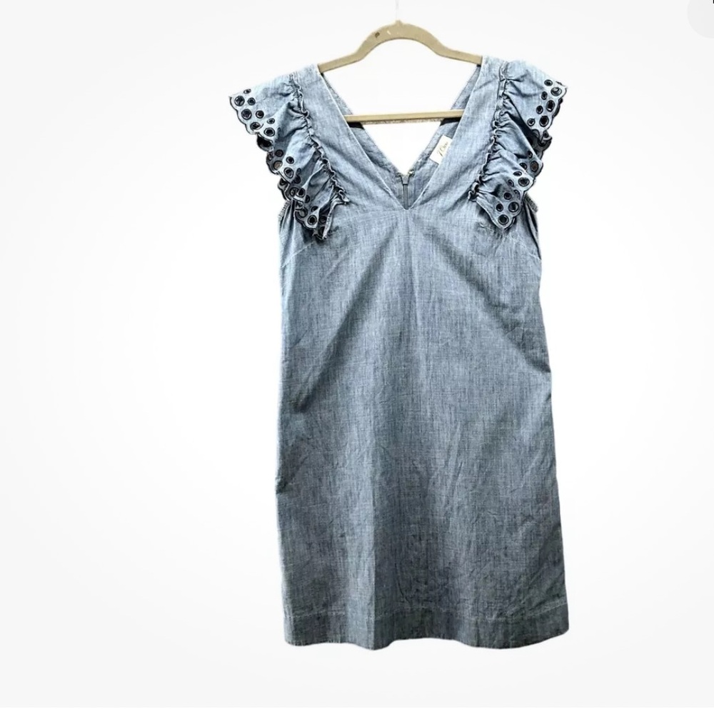 J. Crew Sheath Dress Size 2 Chambray Ruffle Shoulder Sleeveless V-neck Box 18-19